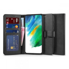 Compatible con Samsung S22 Ultra. Funda tipo cartera de piel sintética con 4 compartimentos, color negro.