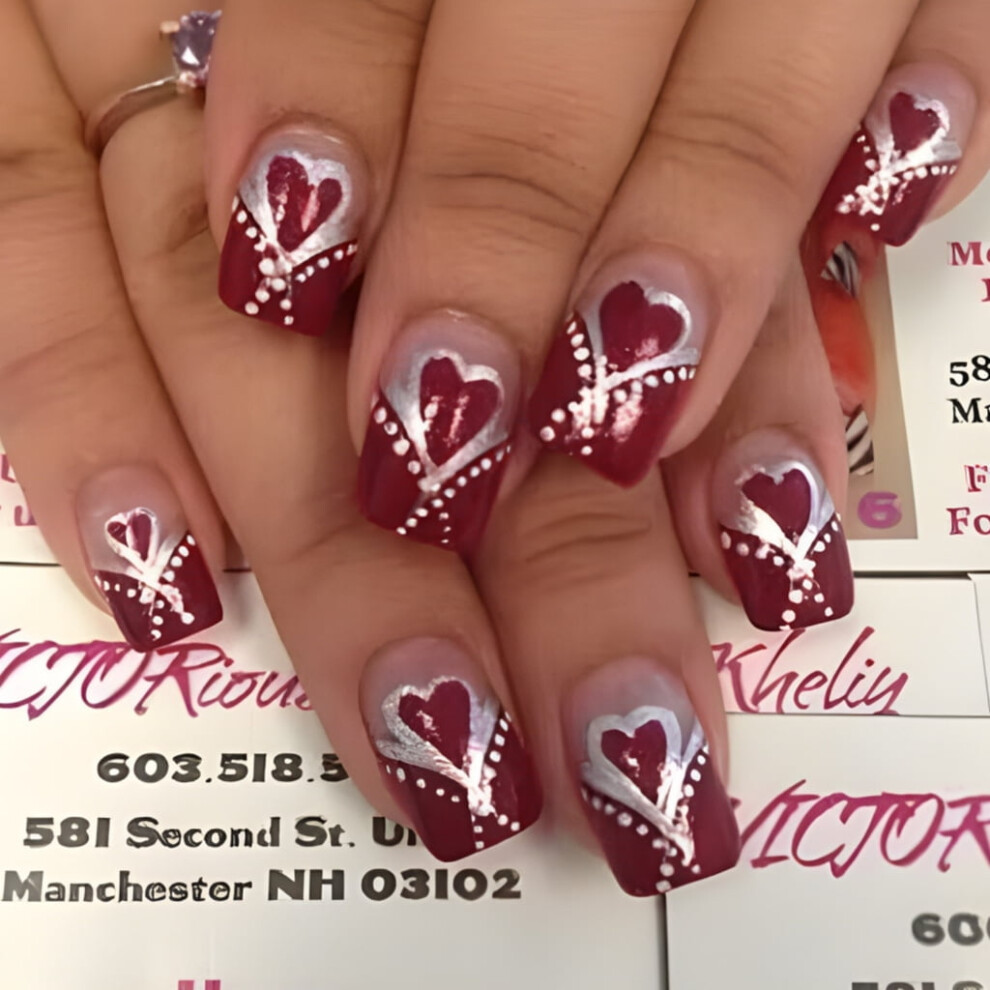 Valentine's Day false nails French tip heart design 24 pcs