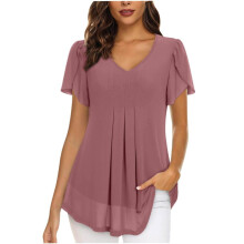 Dame rosa V-hals plissert netting-t-skjorte XXL