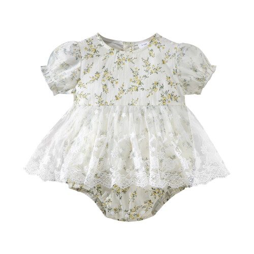 Floral Print Mesh Lace Romper with Puff Sleeves