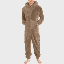 Pijama macacão masculino com capuz, em fleece felpudo com zíper, peça única
