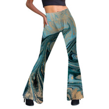Calça flare feminina de cintura alta com estampa marmorizada