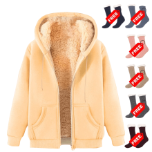 Felpa invernale da donna, spessa, foderata in pile, beige, taglia 3XL