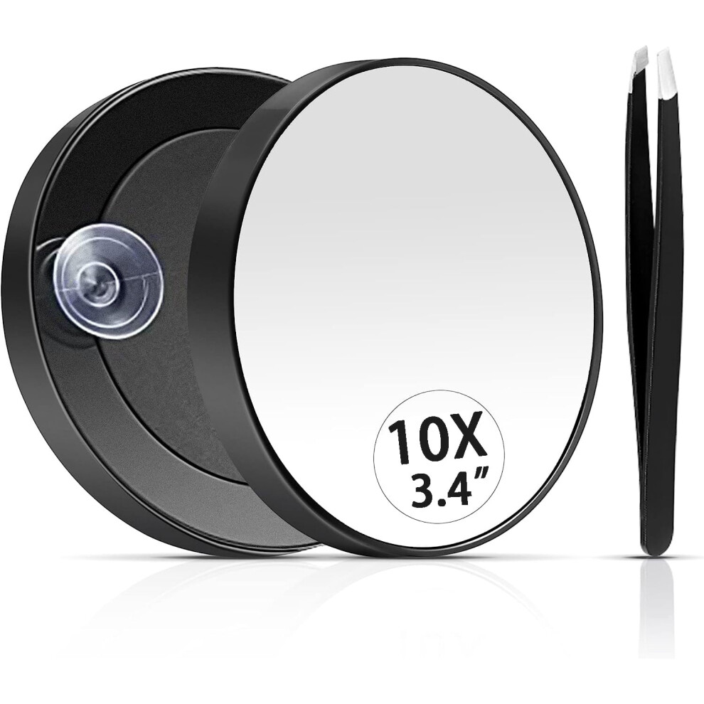 10X magnifying mirror with suction cup and tweezers black
