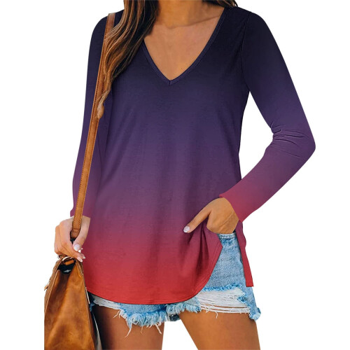 Top a tunica ampio da donna con scollo a V e maniche lunghe, colore viola.