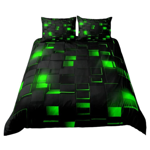 Geometric Comforter Set Green Black 3 PCS Honeycomb Design 1