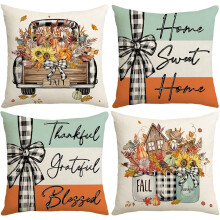 Housse de coussin citrouille automne, décor floral automnal, 45 x 45 cm