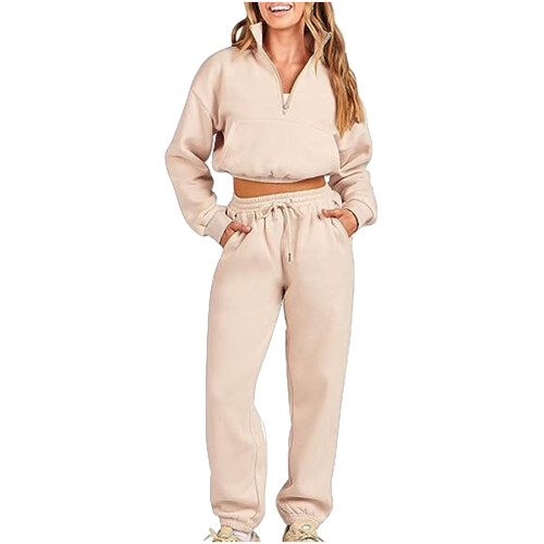 Conjunto feminino casual de moletom com capuz e calça, com zíper até a metade e mangas compridas.