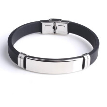 Black Bracelet Stainless Steel Silicone Shiny Silver Detail