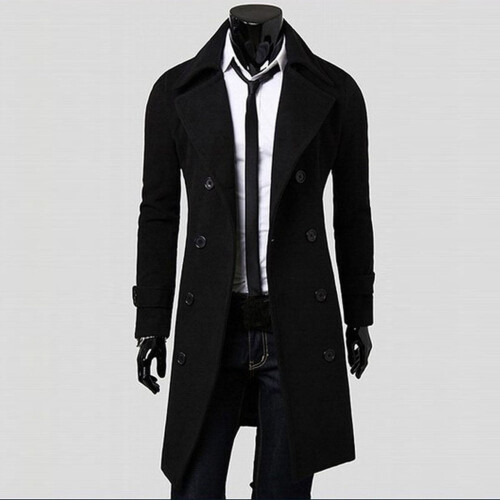 Herre Slim Trenchcoat Sort Dobbeltradet XXL