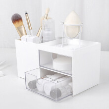 Cube de rangement de maquillage en plastique avec 2 tiroirs, blanc transparent