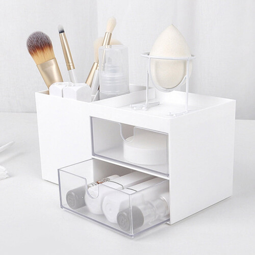 Make-up-Organizer-Würfel aus Kunststoff mit 2 Schubladen, weiß/transparent