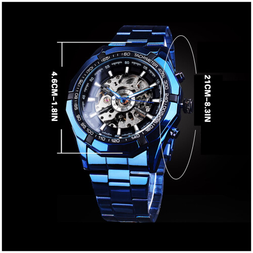 Men's Automatic Skeleton Watch Blue Black Stainless Steel 2