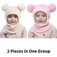 Stickad mössa för småbarn i ull Beige Rosa 2 st