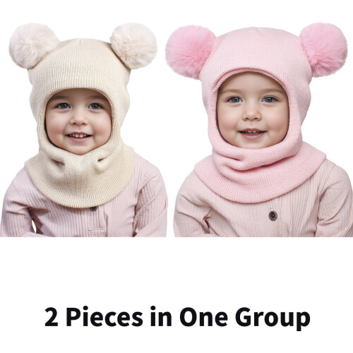 Stickad mössa för småbarn i ull Beige Rosa 2 st