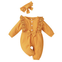 Katoenen kanten jumpsuit met strik voor meisjes van 6-12 maanden.