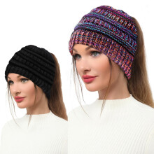 Καπέλο Beanie με τρύπα για αλογοουρά, 2 τεμάχια, μαύρο και πολύχρωμο