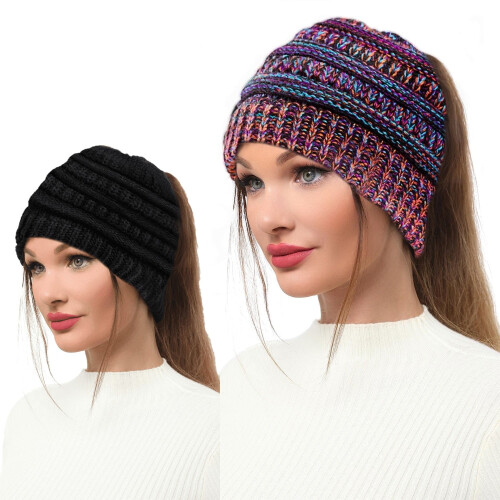 Καπέλο Beanie με τρύπα για αλογοουρά, 2 τεμάχια, μαύρο και πολύχρωμο