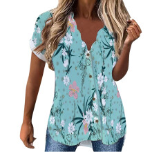 T-shirt femme à manches courtes et col en V, bleu décontracté, taille XXXL