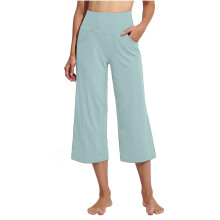 Pantalon de yoga taille haute pour femme, couleur unie, jambes larges, style capri