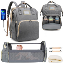 Mochila para fraldas cinza com trocador e isolamento térmico.