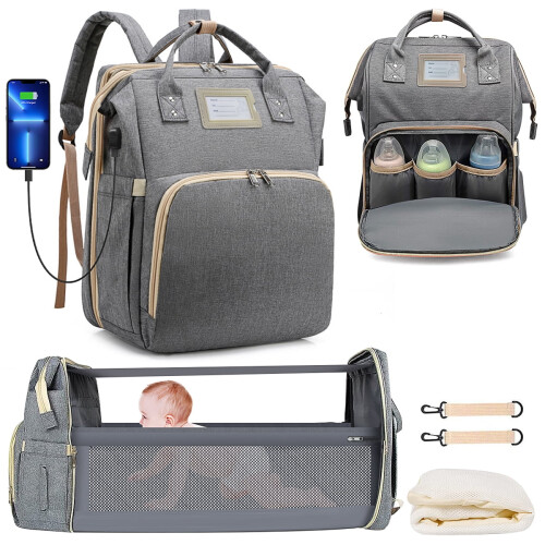 Grauer Wickelrucksack mit Wickelstation, isoliert
