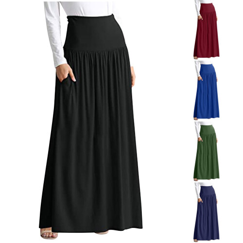 Women's high waist ruched maxi skirt solid color with 2