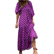 Lila Boho-Maxikleid für Damen mit Blumenmuster und Puffärmeln