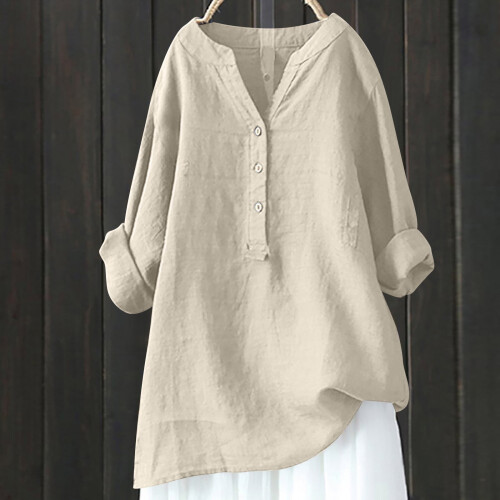 Camicetta da donna a tunica in cotone e lino con scollo a V e maniche lunghe