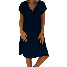 Damen-Sommerkleid, marineblau, Baumwoll-Leinen-Mischgewebe, V-Ausschnitt, lockere Passform