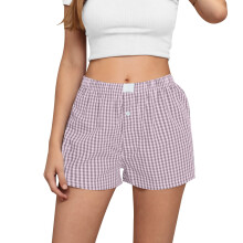 Naisten pellavashortsit korkealla vyötäröllä ja leveälahkeisella ruudullisella kuvioinnilla