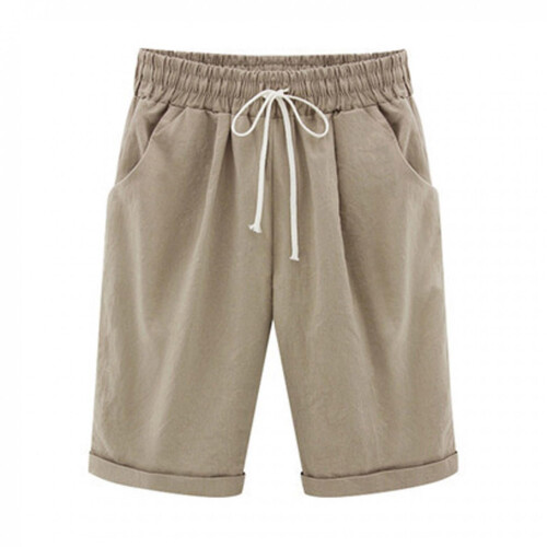 Dameshorts i bomull og lin, khaki, størrelse 16
