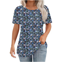 Damen-T-Shirt mit Blumenmuster, gesmoktem Rundhalsausschnitt und kurzen Ärmeln
