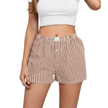 Dames linnen shorts met hoge taille, wijde pijpen en ruitpatroon