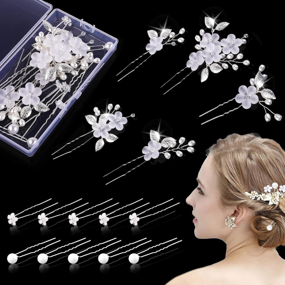 Pearl Rhinestone U-Shaped Hair Pins Silver 6 pcs