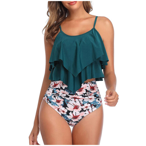 Γυναικείο πράσινο μαγιό Tankini με βολάν στο πάνω μέρος και βολάν