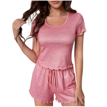 Conjunto de pijama feminino de flanela, cor lisa, manga curta.