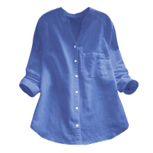 Damenbluse in Blau mit langen Ärmeln und V-Ausschnitt, einfarbig