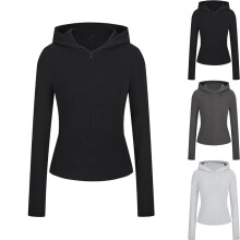 Sweat à capuche court zippé en coton côtelé pour femme