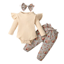 Set body cu volane și mâneci lungi, model floral, 3 piese, pentru bebeluși și fetițe