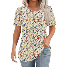 Damekjole med blomsterprint og puffermer, løs passform
