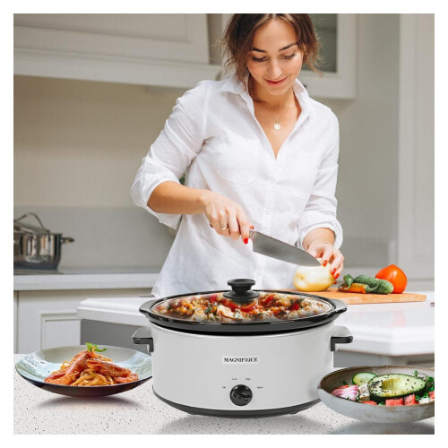 8 Quart Oval Slow Cooker with 3 Settings White Stainless 1