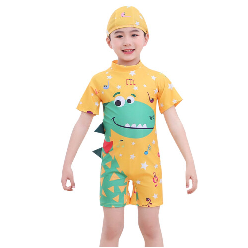 Costume da bagno per bambini e bambine, con stampa gialla e maniche corte