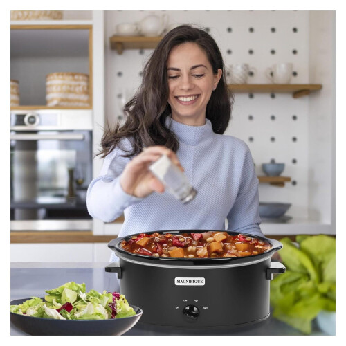 6 Quart Oval Slow Cooker with 3 Settings Black Stainless 1