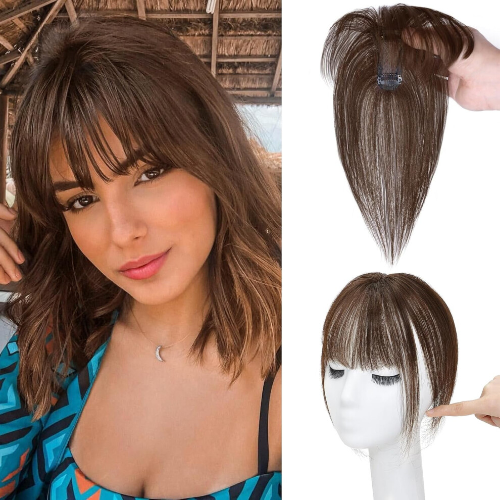Human Hair Topper with Wispy Bangs, 360 Clip-in