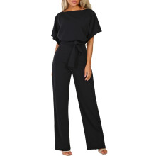 Women's Dressy Short Sleeve Round Neck Jumpsuit with Belt