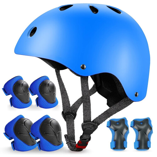 Kinderfahrradhelm und Schutzausrüstungsset blau Größe 3-10