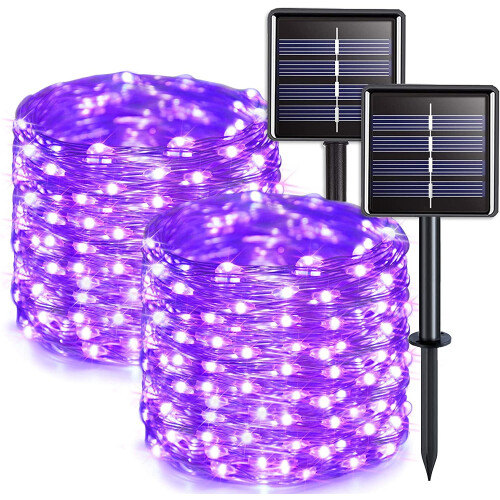 Solar lichtslinger met koperdraad, 100 LED's, 10 meter, paars