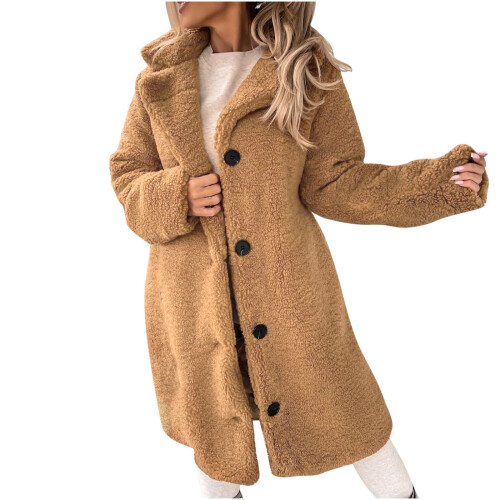 Γυναικείο παλτό shearling με μακριά μανίκια και εγκοπή στο πέτο από μαλλί
