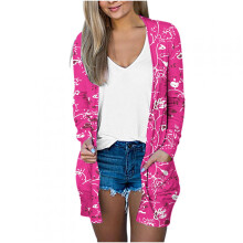 Damen-Baumwollstrickjacke, langärmelig, mit Tasche, pink